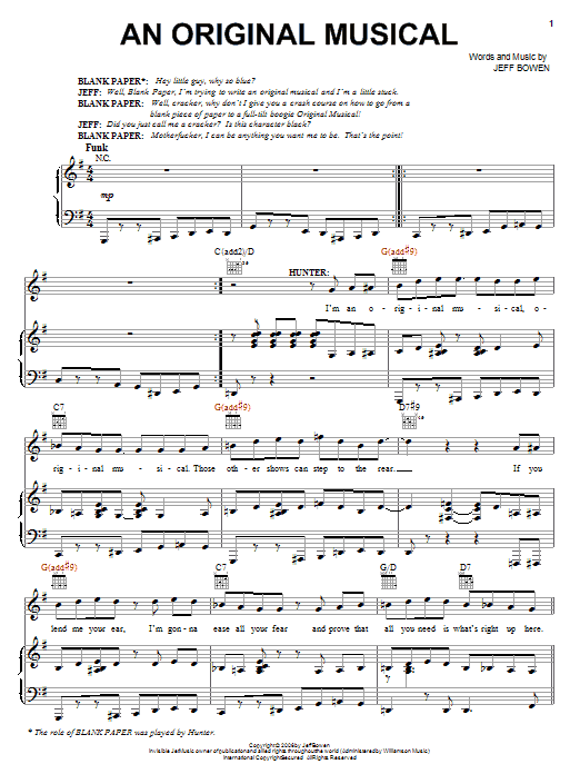 Learn to play Jeff Bowen An Original Musical sheet music for Piano, Vocal & Guitar (Right-Hand Melody) in minutes. Jeff Bowen An Original Musical sheet music preview music notes and score for Piano, Vocal & Guitar (Right-Hand Melody) including 6 page(s)