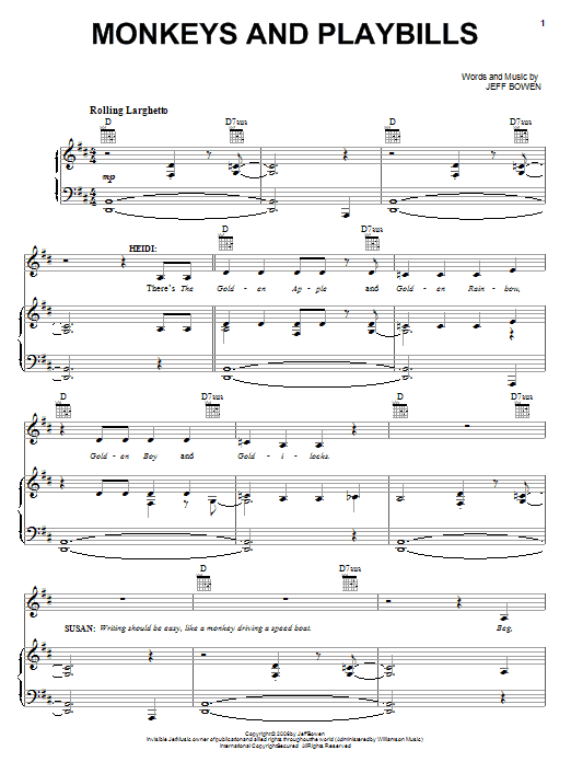 Learn to play Jeff Bowen Monkeys And Playbills sheet music for Piano, Vocal & Guitar (Right-Hand Melody) in minutes. Jeff Bowen Monkeys And Playbills sheet music preview music notes and score for Piano, Vocal & Guitar (Right-Hand Melody) including 12 page(s)
