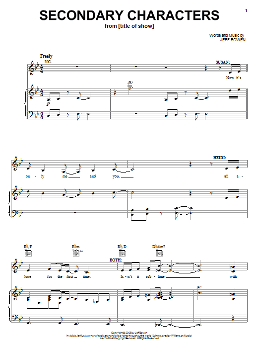 Learn to play Jeff Bowen Secondary Characters sheet music for Piano, Vocal & Guitar (Right-Hand Melody) in minutes. Jeff Bowen Secondary Characters sheet music preview music notes and score for Piano, Vocal & Guitar (Right-Hand Melody) including 7 page(s)
