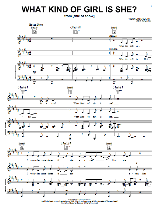 Learn to play Jeff Bowen What Kind Of Girl Is She? sheet music for Piano, Vocal & Guitar (Right-Hand Melody) in minutes. Jeff Bowen What Kind Of Girl Is She? sheet music preview music notes and score for Piano, Vocal & Guitar (Right-Hand Melody) including 6 page(s)