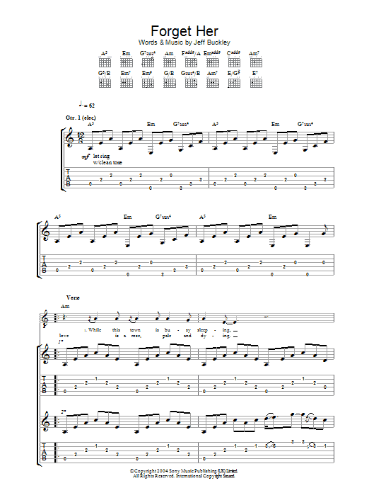 Jeff Buckley Forget Her sheet music preview music notes and score for Piano, Vocal & Guitar (Right-Hand Melody) including 6 page(s)