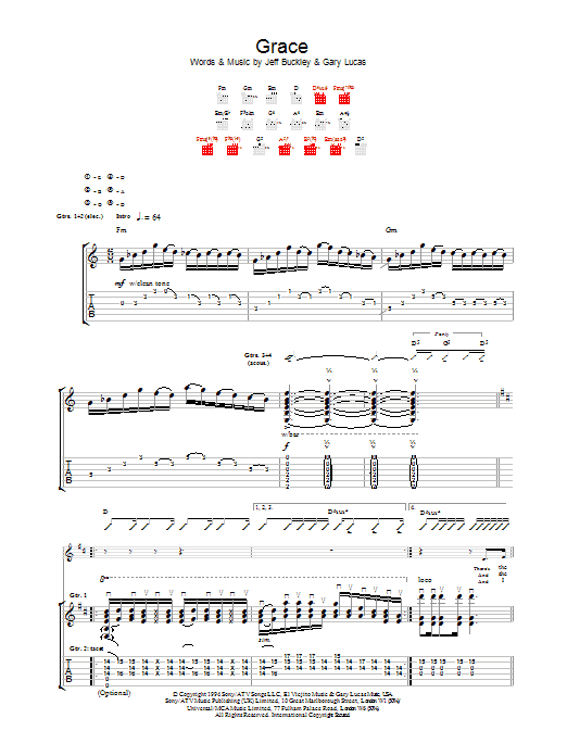 Jeff Buckley Grace sheet music preview music notes and score for Piano, Vocal & Guitar (Right-Hand Melody) including 5 page(s)