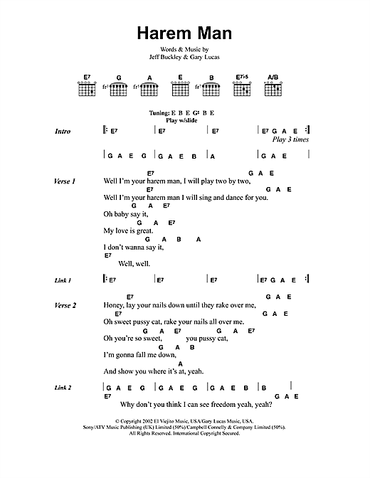 Jeff Buckley Harem Man sheet music, chords, lyrics - Printable PDF for Lyrics & Chords
