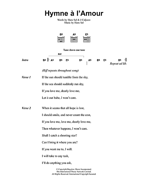 Jeff Buckley Hymne A L'Amour sheet music, chords, lyrics - Printable PDF for Lyrics & Chords