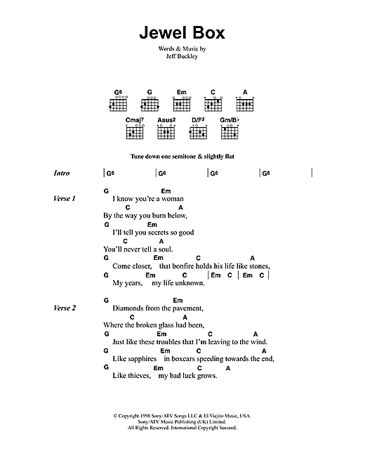 Jeff Buckley Jewel Box sheet music, chords, lyrics - Printable PDF for Lyrics & Chords