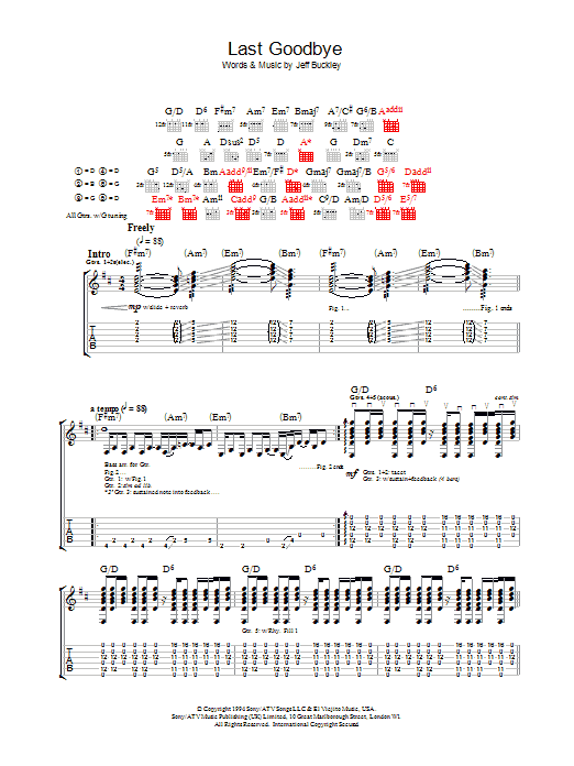 Jeff Buckley Last Goodbye sheet music preview music notes and score for Piano, Vocal & Guitar (Right-Hand Melody) including 7 page(s)