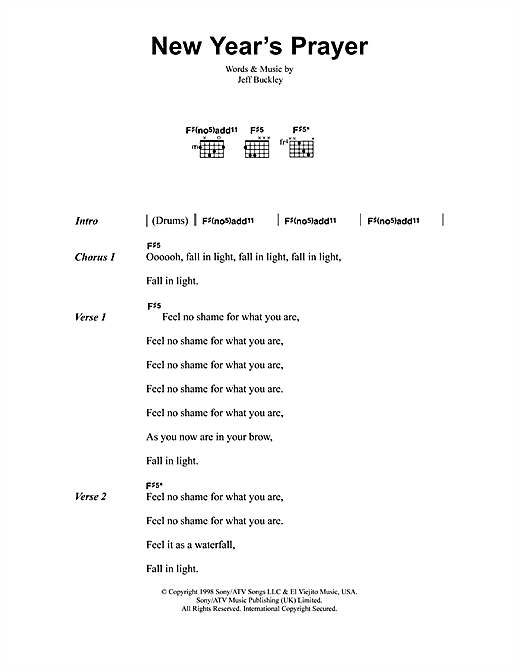 Jeff Buckley New Year's Prayer sheet music, chords, lyrics - Printable PDF for Lyrics & Chords