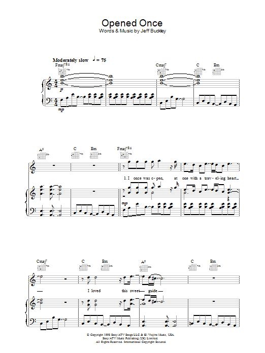Jeff Buckley Opened Once sheet music preview music notes and score for Piano, Vocal & Guitar (Right-Hand Melody) including 5 page(s)