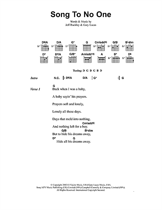 Jeff Buckley Song To No One sheet music, chords, lyrics - Printable PDF for Lyrics & Chords