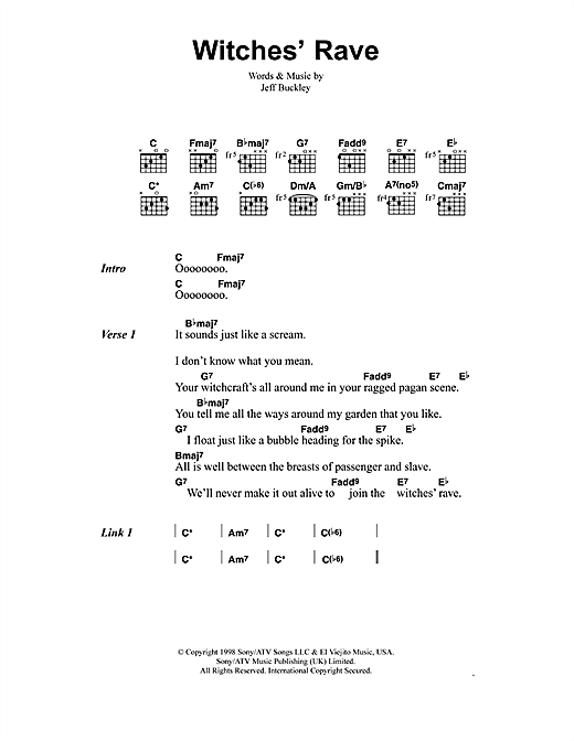 Jeff Buckley Witches' Rave sheet music, chords, lyrics - Printable PDF for Lyrics & Chords