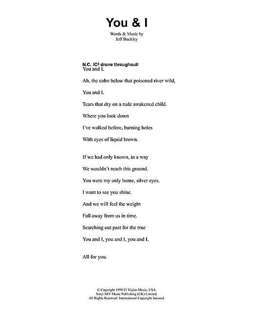 Jeff Buckley You And I sheet music, chords, lyrics - Printable PDF for Lyrics & Chords