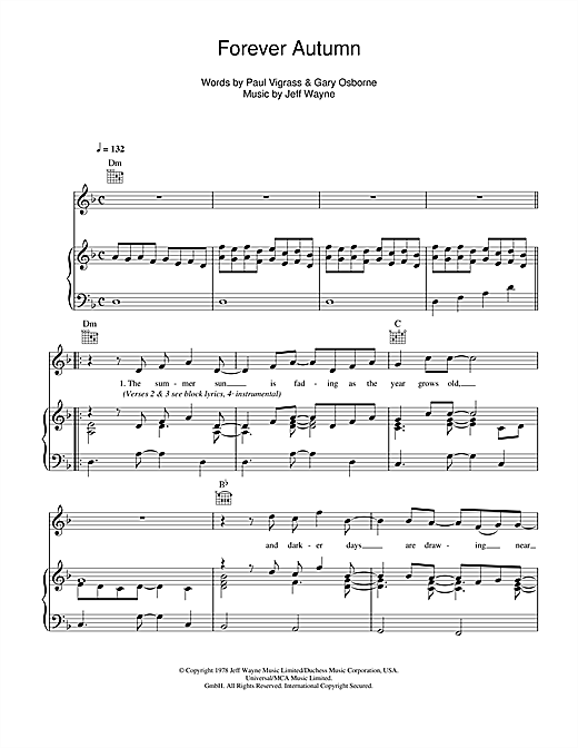 Learn to play Jeff Wayne Forever Autumn (from War Of The Worlds) sheet music for Piano, Vocal & Guitar (Right-Hand Melody) in minutes. Jeff Wayne Forever Autumn (from War Of The Worlds) sheet music notes and chords