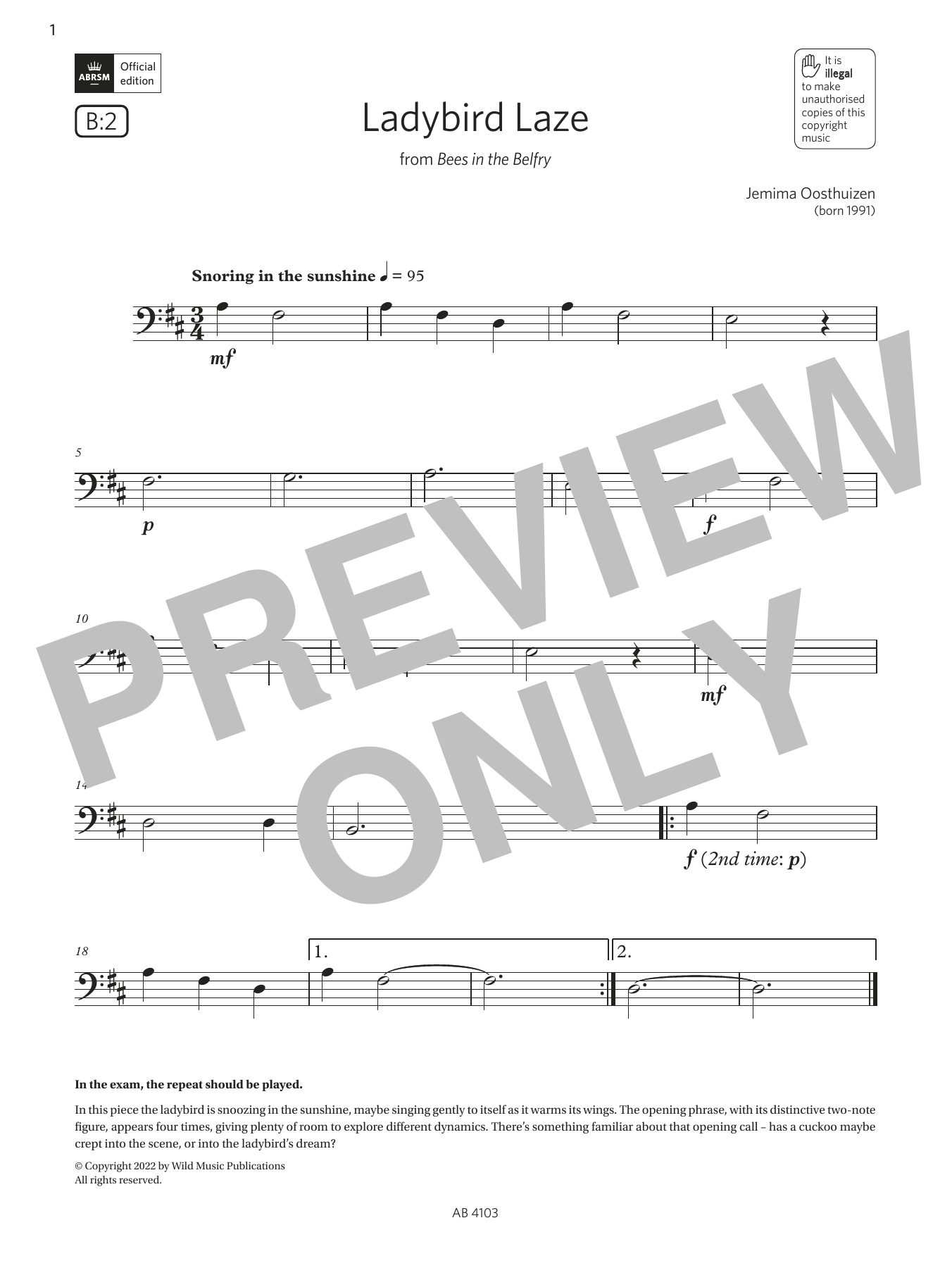Jemima Oosthuizen Ladybird Laze (Grade Initial, B2, from the ABRSM Cello Syllabus from 2024) sheet music, chords, lyrics - Printable PDF for Cello Solo