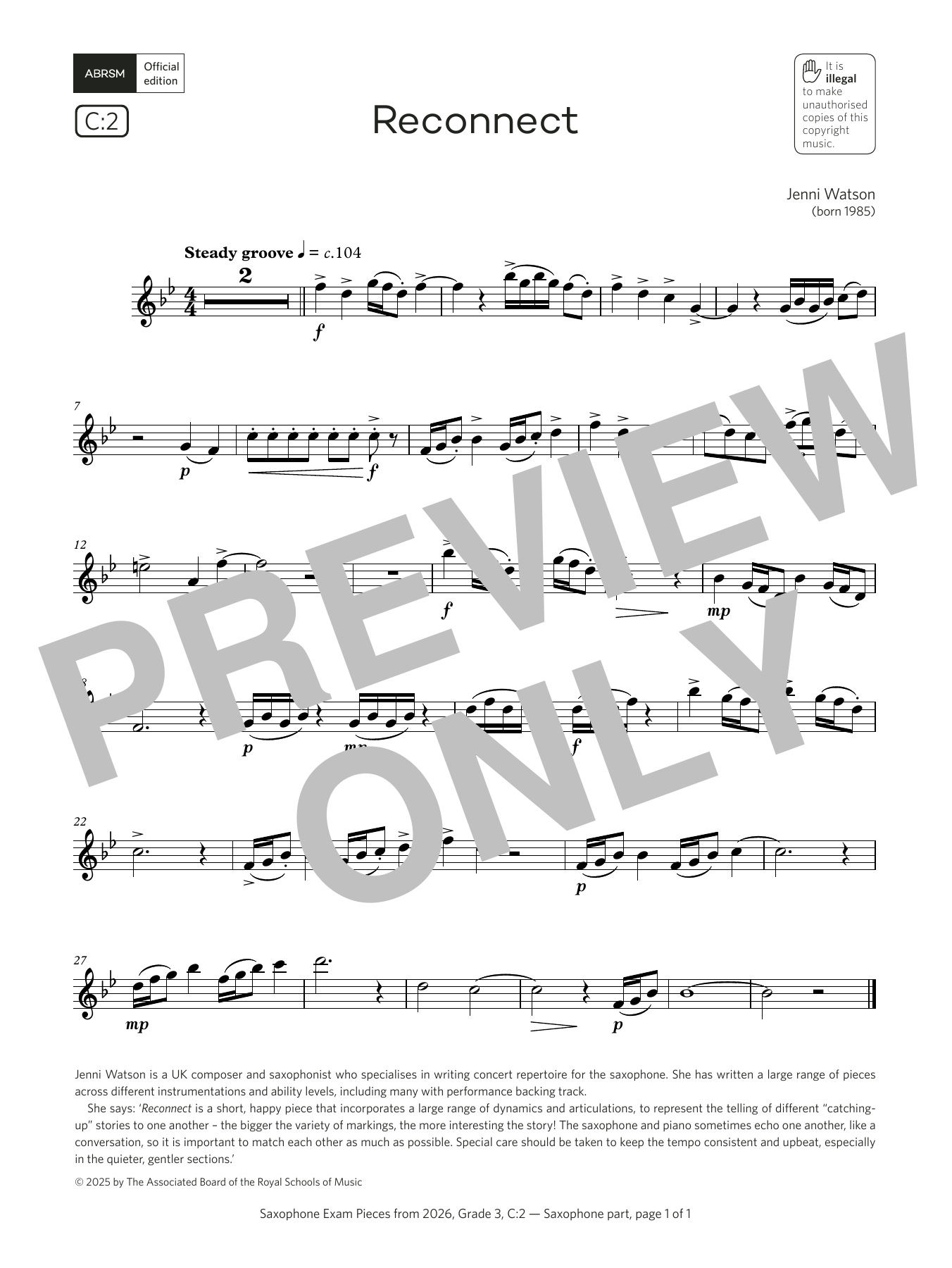Jenni Watson Reconnect (Grade 3, list C2, from the ABRSM Saxophone Syllabus from 2026) sheet music, chords, lyrics - Printable PDF for Alto Sax Solo