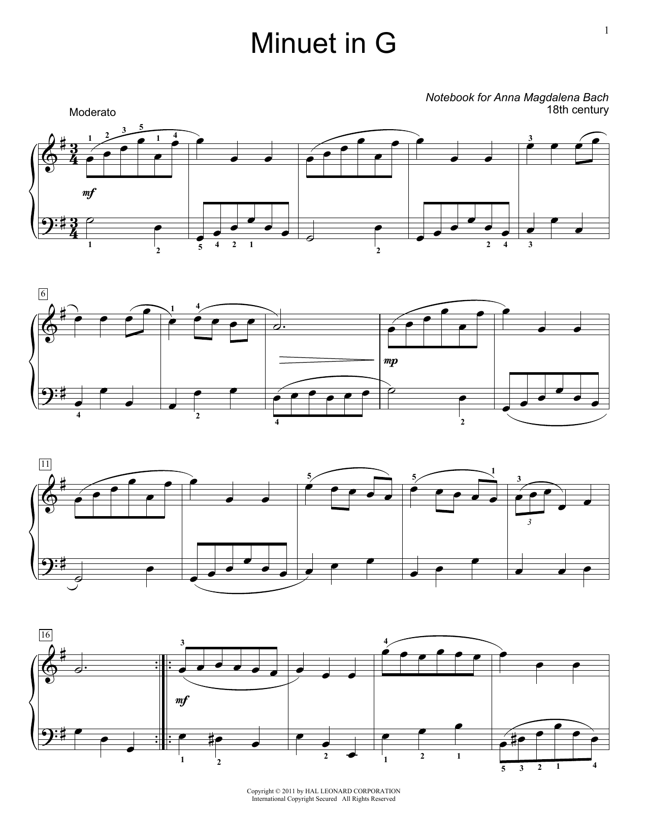Jennifer Linn Menuet In G Major, BWV App. 116 sheet music, chords, lyrics - Printable PDF for Easy Piano