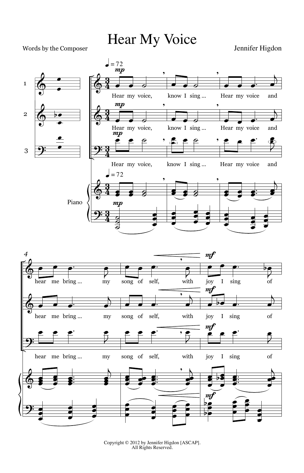 Learn to play Jennifer Higdon Hear My Voice sheet music for 3-Part Mixed Choir in minutes. Jennifer Higdon Hear My Voice sheet music preview music notes and score for 3-Part Mixed Choir including 12 page(s)