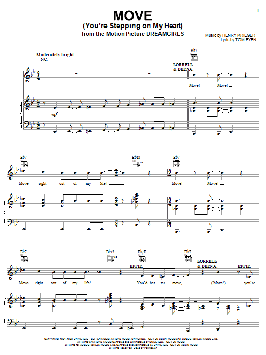 Learn to play Jennifer Hudson Move (You're Stepping On My Heart) sheet music for Piano, Vocal & Guitar (Right-Hand Melody) in minutes. Jennifer Hudson Move (You're Stepping On My Heart) sheet music preview music notes and score for Piano, Vocal & Guitar (Right-Hand Melody) including 7 page(s)