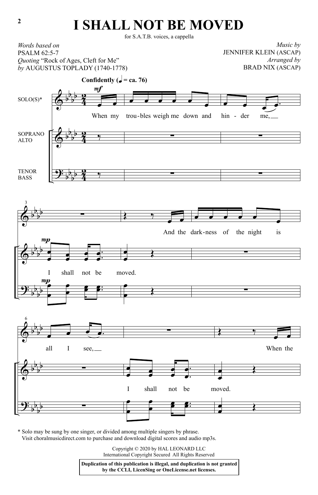 Jennifer Klein I Shall Not Be Moved (arr. Brad Nix) sheet music preview music notes and score for SATB Choir including 7 page(s)
