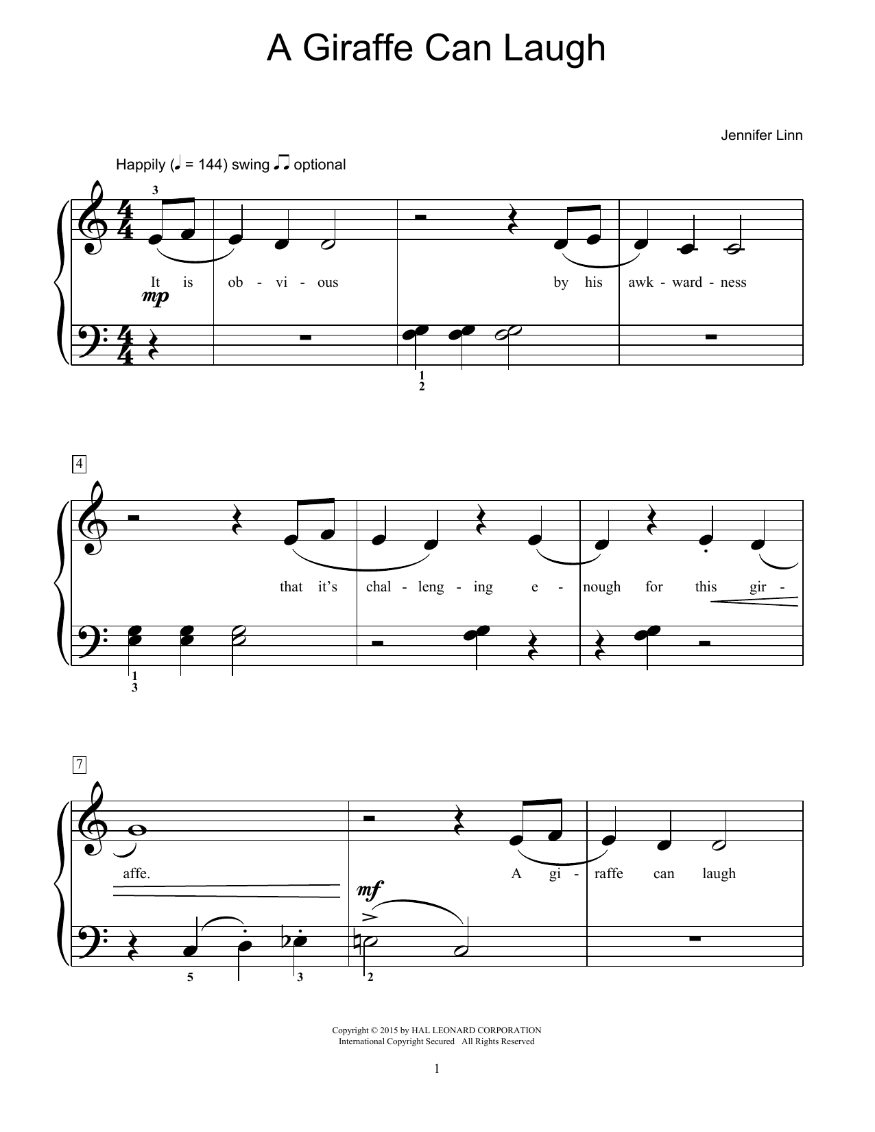 Learn to play Jennifer Linn A Giraffe Can Laugh sheet music for Easy Piano in minutes. Jennifer Linn A Giraffe Can Laugh sheet music preview music notes and score for Easy Piano including 3 page(s)