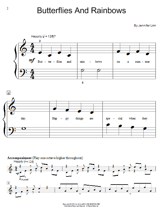 Learn to play Jennifer Linn Butterflies And Rainbows sheet music for Easy Piano in minutes. Jennifer Linn Butterflies And Rainbows sheet music preview music notes and score for Easy Piano including 3 page(s)