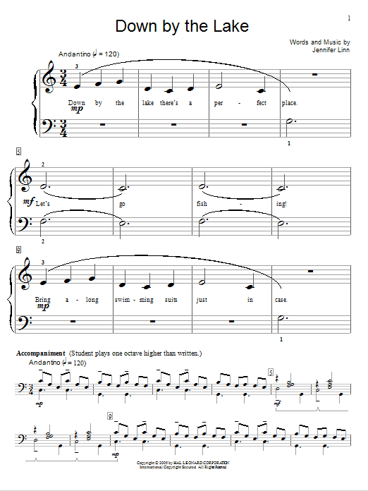 Learn to play Jennifer Linn Down By The Lake sheet music for Easy Piano in minutes. Jennifer Linn Down By The Lake sheet music preview music notes and score for Easy Piano including 2 page(s)