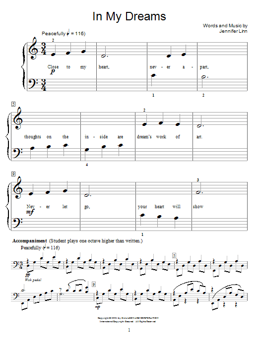 Jennifer Linn In My Dreams sheet music preview music notes and score for Easy Piano including 3 page(s)