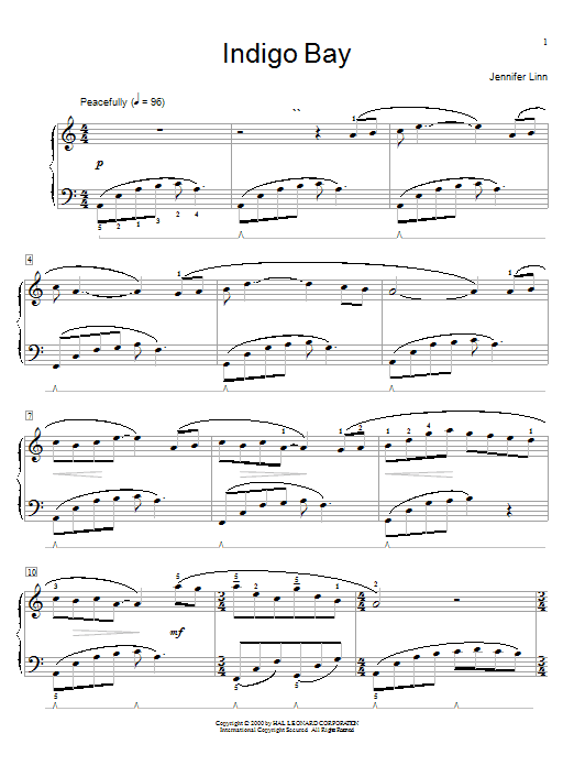 Learn to play Jennifer Linn Indigo Bay sheet music for Easy Piano in minutes. Jennifer Linn Indigo Bay sheet music preview music notes and score for Easy Piano including 3 page(s)