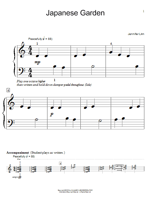 Learn to play Jennifer Linn Japanese Garden sheet music for Easy Piano in minutes. Jennifer Linn Japanese Garden sheet music preview music notes and score for Easy Piano including 2 page(s)