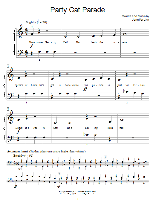 Learn to play Jennifer Linn Party Cat Parade sheet music for Easy Piano in minutes. Jennifer Linn Party Cat Parade sheet music preview music notes and score for Easy Piano including 3 page(s)