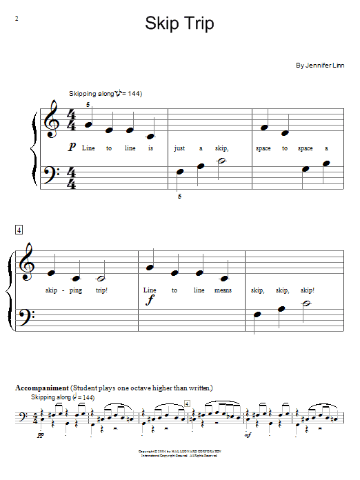 Learn to play Jennifer Linn Skip Trip sheet music for Easy Piano in minutes. Jennifer Linn Skip Trip sheet music preview music notes and score for Easy Piano including 2 page(s)