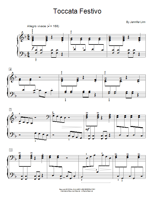 Learn to play Jennifer Linn Toccata Festivo sheet music for Easy Piano in minutes. Jennifer Linn Toccata Festivo sheet music preview music notes and score for Easy Piano including 3 page(s)