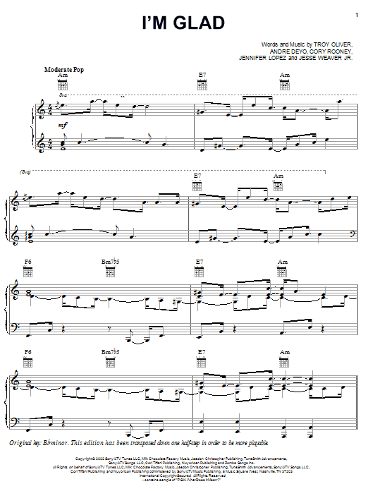 Learn to play Jennifer Lopez I'm Glad sheet music for Lyrics Only in minutes. Jennifer Lopez I'm Glad sheet music notes and chords