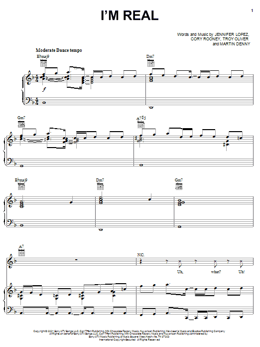 Jennifer Lopez I'm Real sheet music preview music notes and score for Piano, Vocal & Guitar (Right-Hand Melody) including 8 page(s)