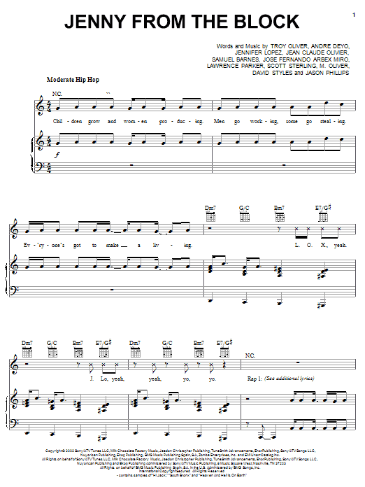 Learn to play Jennifer Lopez Jenny From The Block (feat. Jadakiss & Styles) sheet music for Piano, Vocal & Guitar (Right-Hand Melody) in minutes. Jennifer Lopez Jenny From The Block (feat. Jadakiss & Styles) sheet music notes and chords