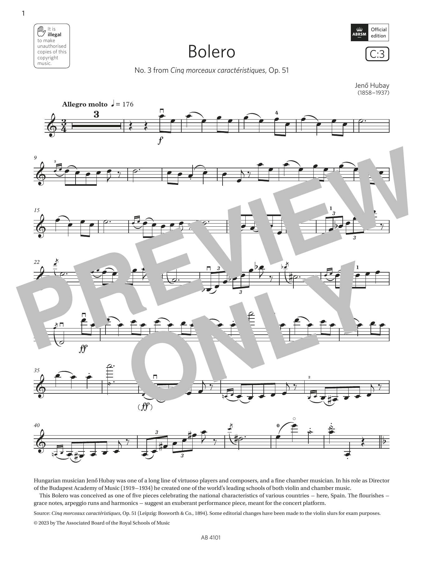 Jenő Hubay Bolero (Grade 7, C3, from the ABRSM Violin Syllabus from 2024) sheet music, chords, lyrics - Printable PDF for Violin Solo