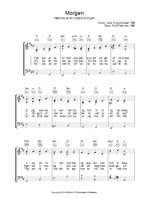 Poul Feldvoss Morgen Vækkes Af En Nyfødt Morgen sheet music, chords, lyrics - Printable PDF for Piano, Vocal & Guitar (Right-Hand Melody)