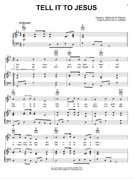 Download Edmund S. Lorenz Tell It To Jesus sheet music notes and chords for Piano, Vocal & Guitar (Right-Hand Melody) - Download Printable PDF and start playing in minutes.