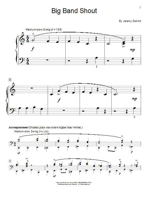 Learn to play Jeremy Siskind Big Band Shout sheet music for Piano in minutes. Jeremy Siskind Big Band Shout sheet music preview music notes and score for Piano including 3 page(s)