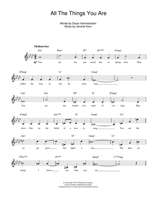 Learn to play Jerome Kern All The Things You Are sheet music for Piano in minutes. Jerome Kern All The Things You Are sheet music notes and chords