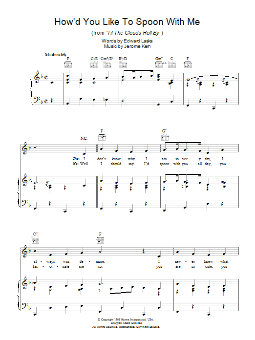 Learn to play Jerome Kern How'd You Like To Spoon With Me sheet music for Piano, Vocal & Guitar (Right-Hand Melody) in minutes. Jerome Kern How'd You Like To Spoon With Me sheet music preview music notes and score for Piano, Vocal & Guitar (Right-Hand Melody) including 4 page(s)