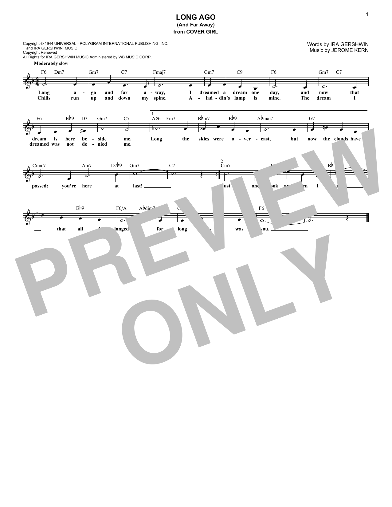 Learn to play Jerome Kern Long Ago (And Far Away) sheet music for Piano, Vocal & Guitar (Right-Hand Melody) in minutes. Jerome Kern Long Ago (And Far Away) sheet music preview music notes and score for Piano, Vocal & Guitar (Right-Hand Melody) including 3 page(s)