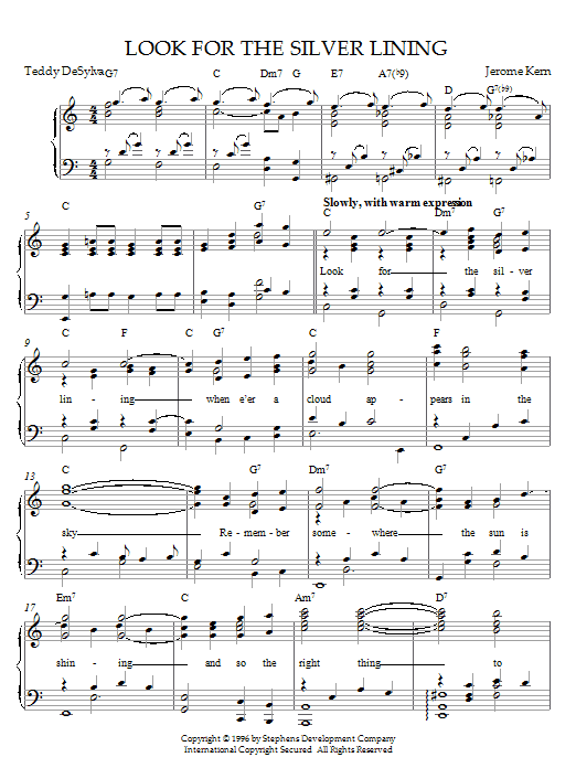 Learn to play Jerome Kern Look For The Silver Lining (from Sally) sheet music for Piano in minutes. Jerome Kern Look For The Silver Lining (from Sally) sheet music notes and chords