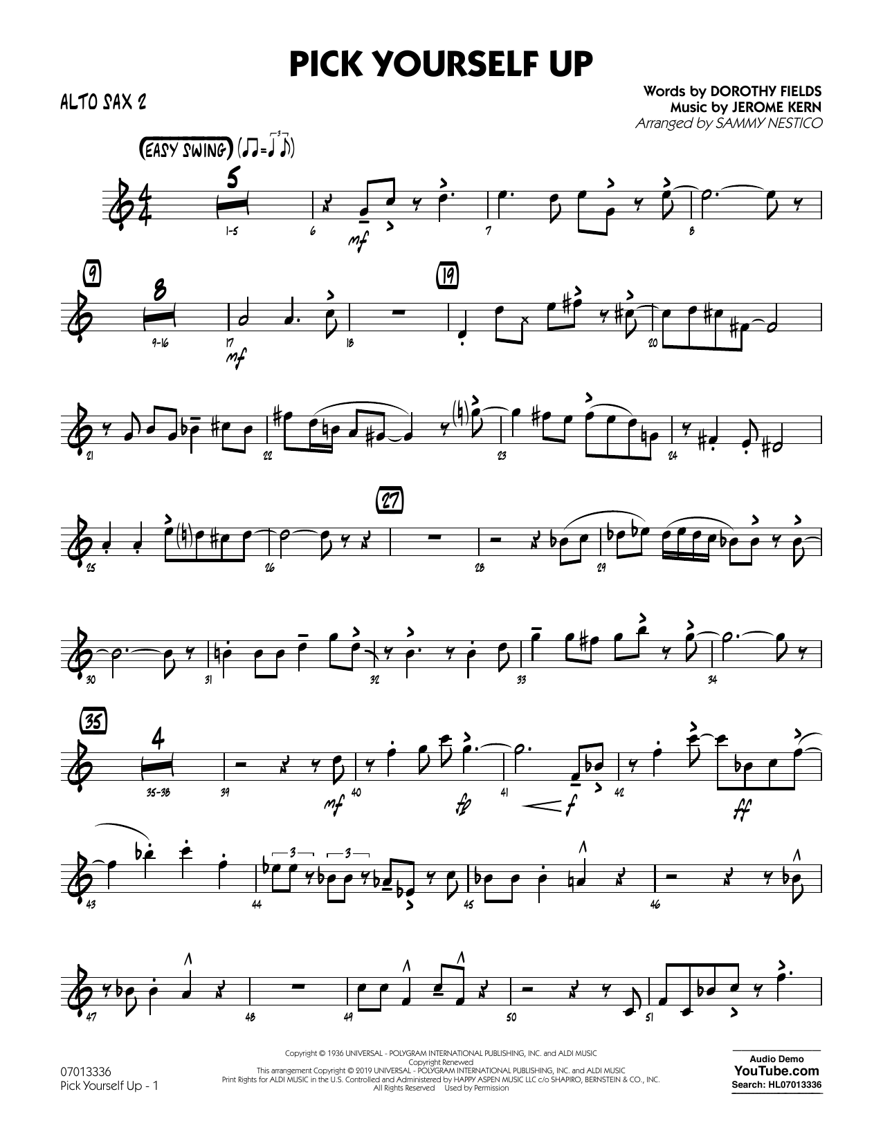 Learn to play Jerome Kern Pick Yourself Up (arr. Sammy Nestico) - Alto Sax 2 sheet music for Jazz Ensemble in minutes. Jerome Kern Pick Yourself Up (arr. Sammy Nestico) - Alto Sax 2 sheet music preview music notes and score for Jazz Ensemble including 2 page(s)