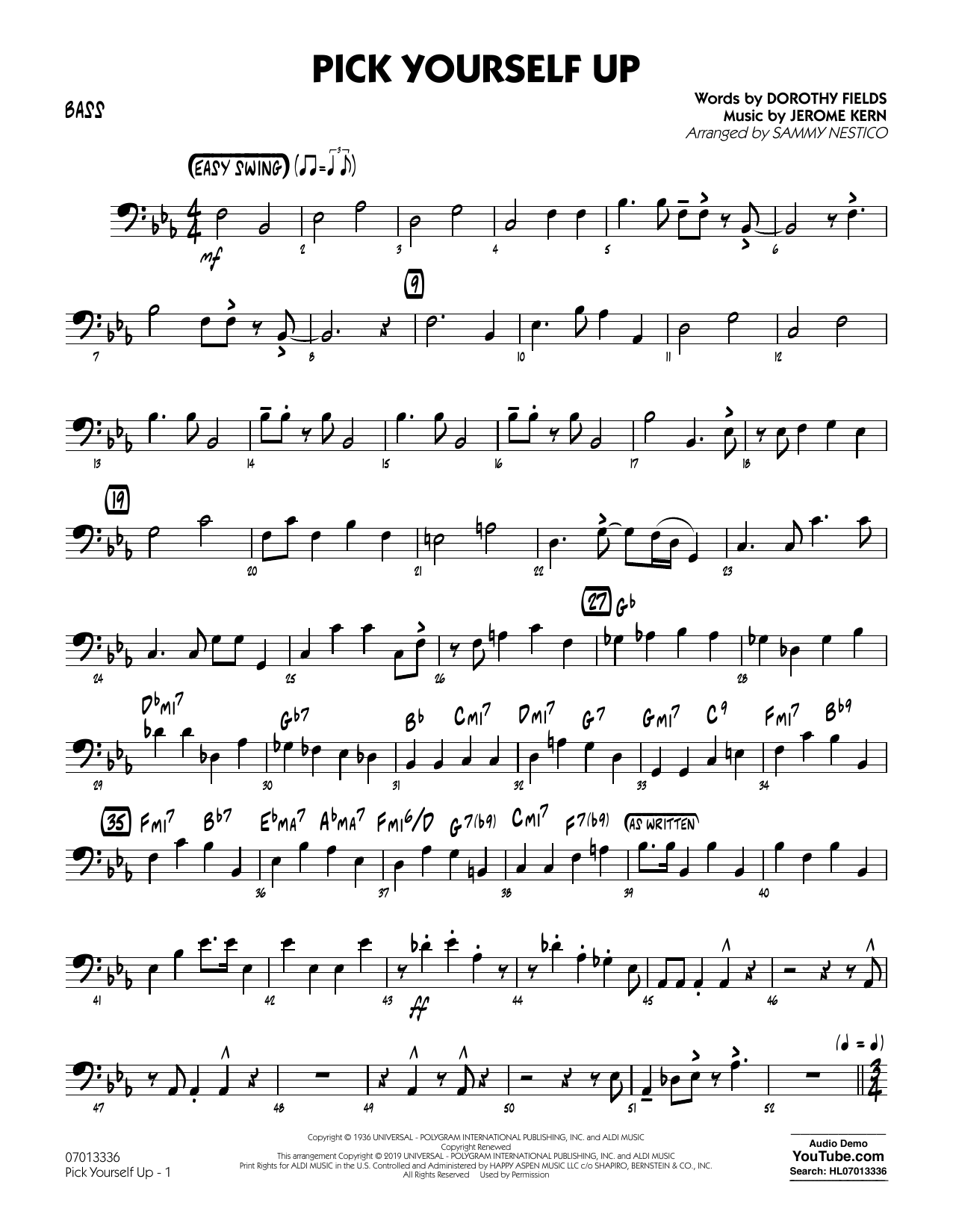 Learn to play Jerome Kern Pick Yourself Up (arr. Sammy Nestico) - Bass sheet music for Jazz Ensemble in minutes. Jerome Kern Pick Yourself Up (arr. Sammy Nestico) - Bass sheet music preview music notes and score for Jazz Ensemble including 2 page(s)
