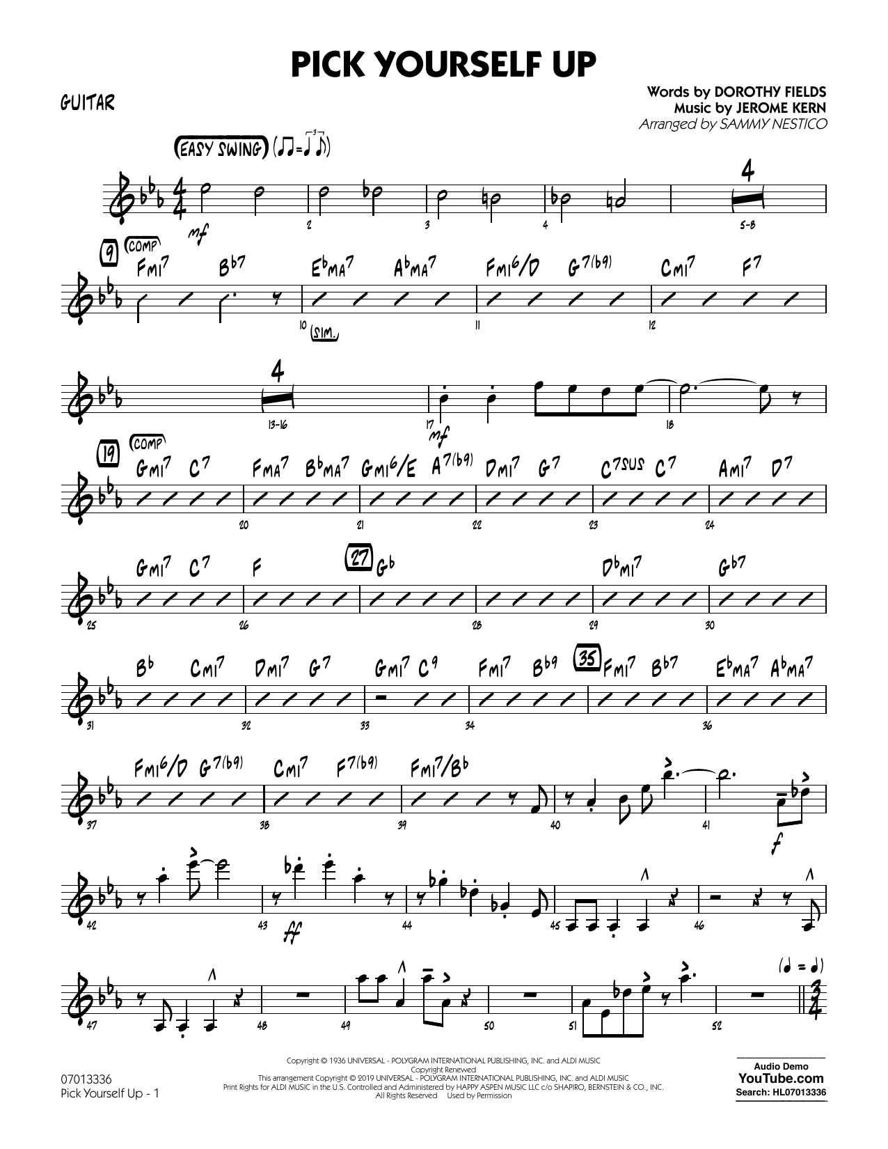 Learn to play Jerome Kern Pick Yourself Up (arr. Sammy Nestico) - Guitar sheet music for Jazz Ensemble in minutes. Jerome Kern Pick Yourself Up (arr. Sammy Nestico) - Guitar sheet music preview music notes and score for Jazz Ensemble including 2 page(s)