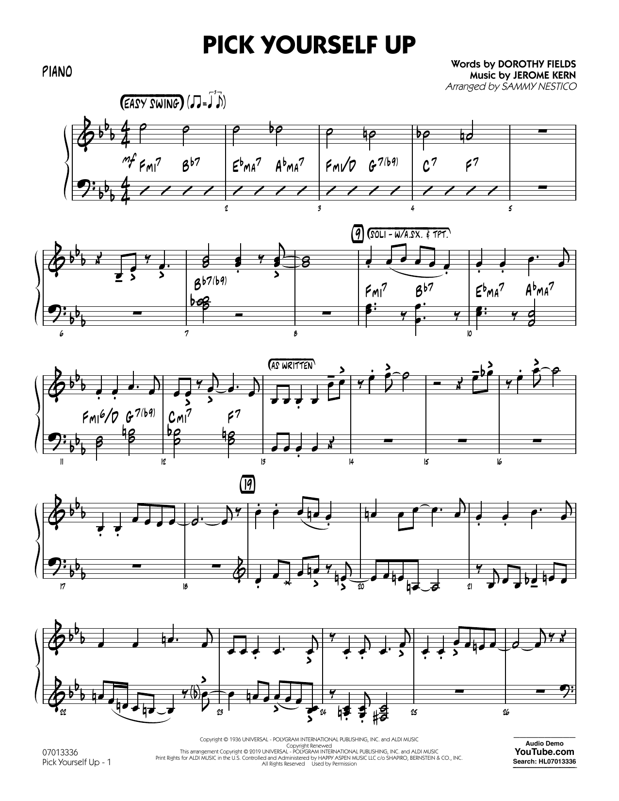 Learn to play Jerome Kern Pick Yourself Up (arr. Sammy Nestico) - Piano sheet music for Jazz Ensemble in minutes. Jerome Kern Pick Yourself Up (arr. Sammy Nestico) - Piano sheet music preview music notes and score for Jazz Ensemble including 4 page(s)