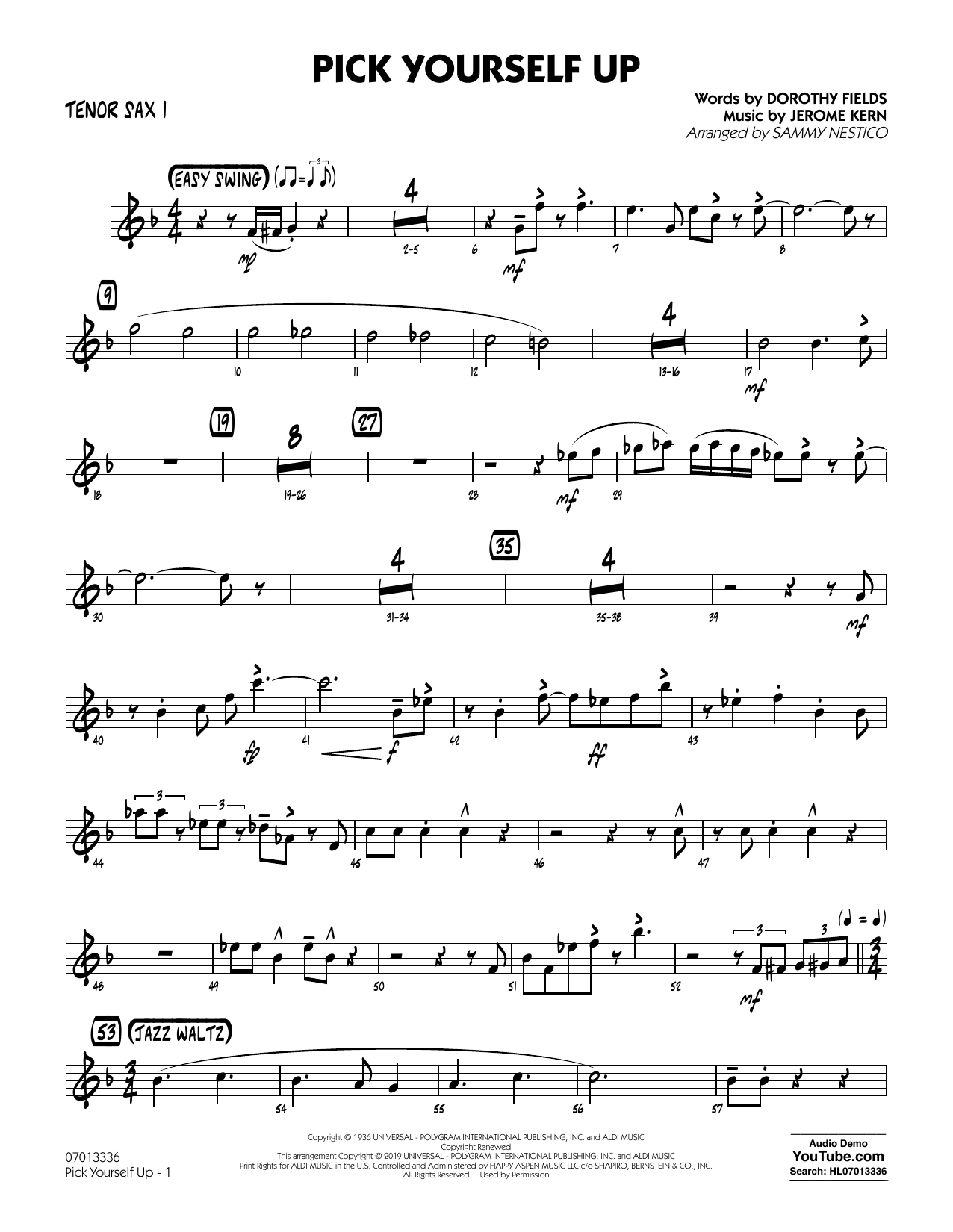 Learn to play Jerome Kern Pick Yourself Up (arr. Sammy Nestico) - Tenor Sax 1 sheet music for Jazz Ensemble in minutes. Jerome Kern Pick Yourself Up (arr. Sammy Nestico) - Tenor Sax 1 sheet music preview music notes and score for Jazz Ensemble including 2 page(s)