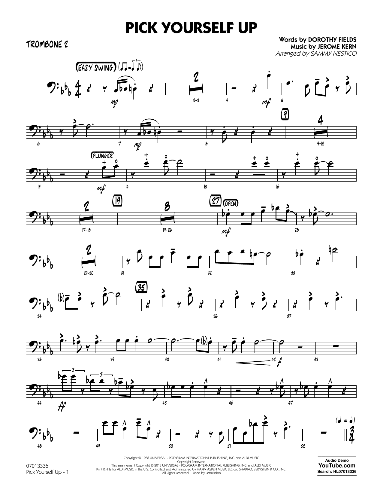 Learn to play Jerome Kern Pick Yourself Up (arr. Sammy Nestico) - Trombone 2 sheet music for Jazz Ensemble in minutes. Jerome Kern Pick Yourself Up (arr. Sammy Nestico) - Trombone 2 sheet music preview music notes and score for Jazz Ensemble including 2 page(s)