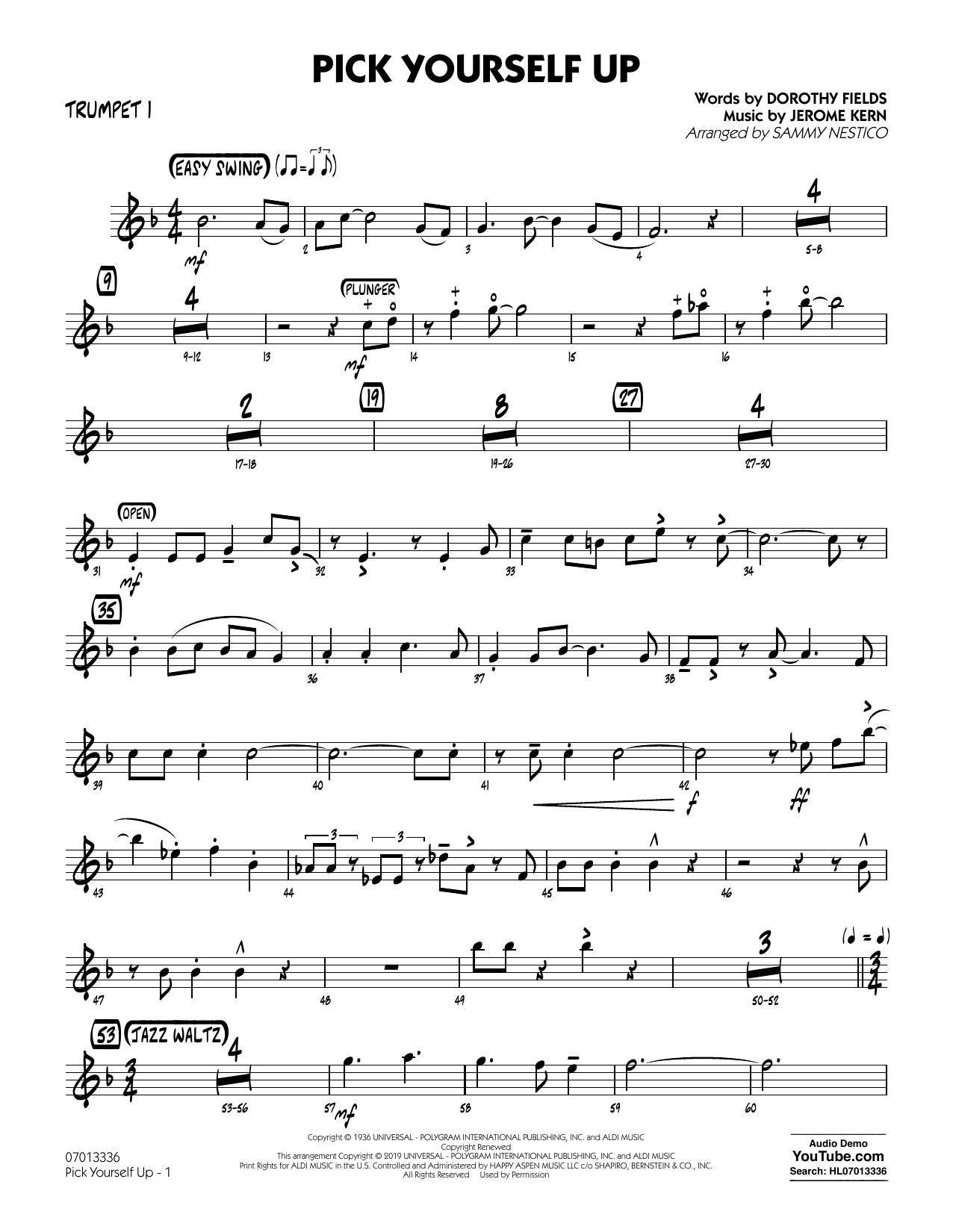 Learn to play Jerome Kern Pick Yourself Up (arr. Sammy Nestico) - Trumpet 1 sheet music for Jazz Ensemble in minutes. Jerome Kern Pick Yourself Up (arr. Sammy Nestico) - Trumpet 1 sheet music preview music notes and score for Jazz Ensemble including 2 page(s)