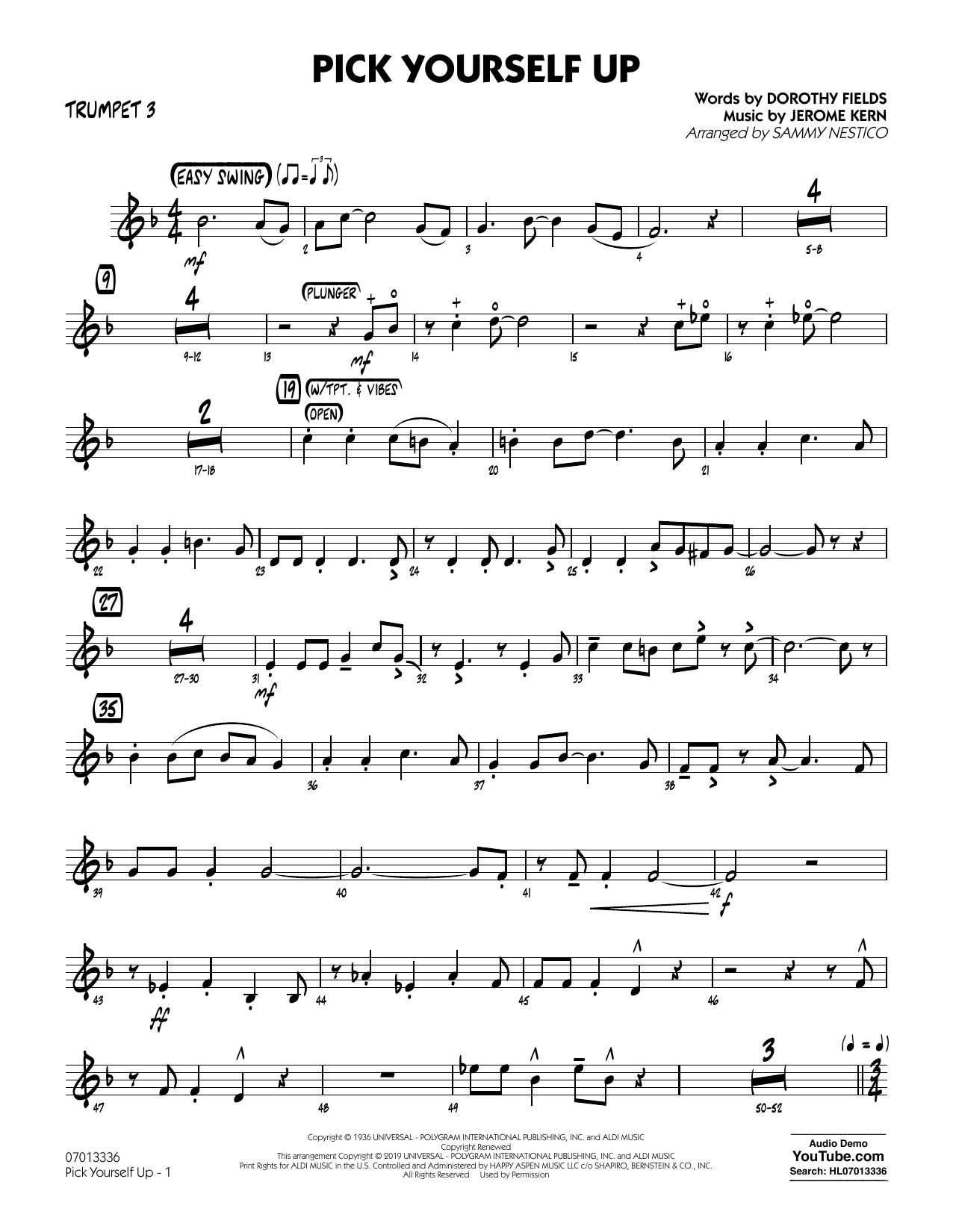 Learn to play Jerome Kern Pick Yourself Up (arr. Sammy Nestico) - Trumpet 3 sheet music for Jazz Ensemble in minutes. Jerome Kern Pick Yourself Up (arr. Sammy Nestico) - Trumpet 3 sheet music preview music notes and score for Jazz Ensemble including 2 page(s)